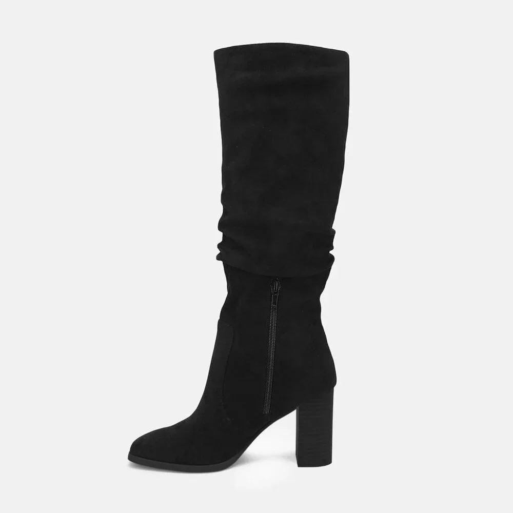 Women's Black Chunky High Heel Square Zipper Wide Calf Knee High Boots